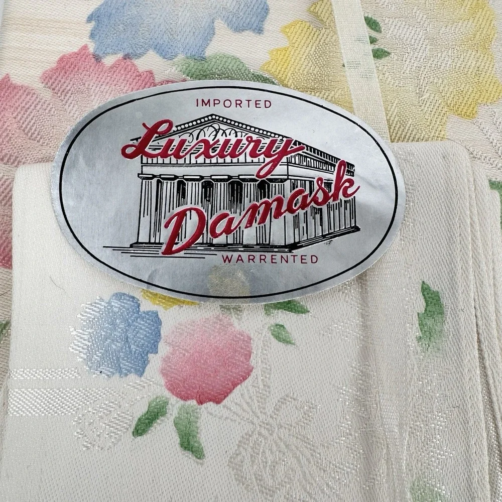 VTG DAMASK Linen‎ Pastel Floral Tablecloth (47x47) & Napkins (3) NOS Handpainted
